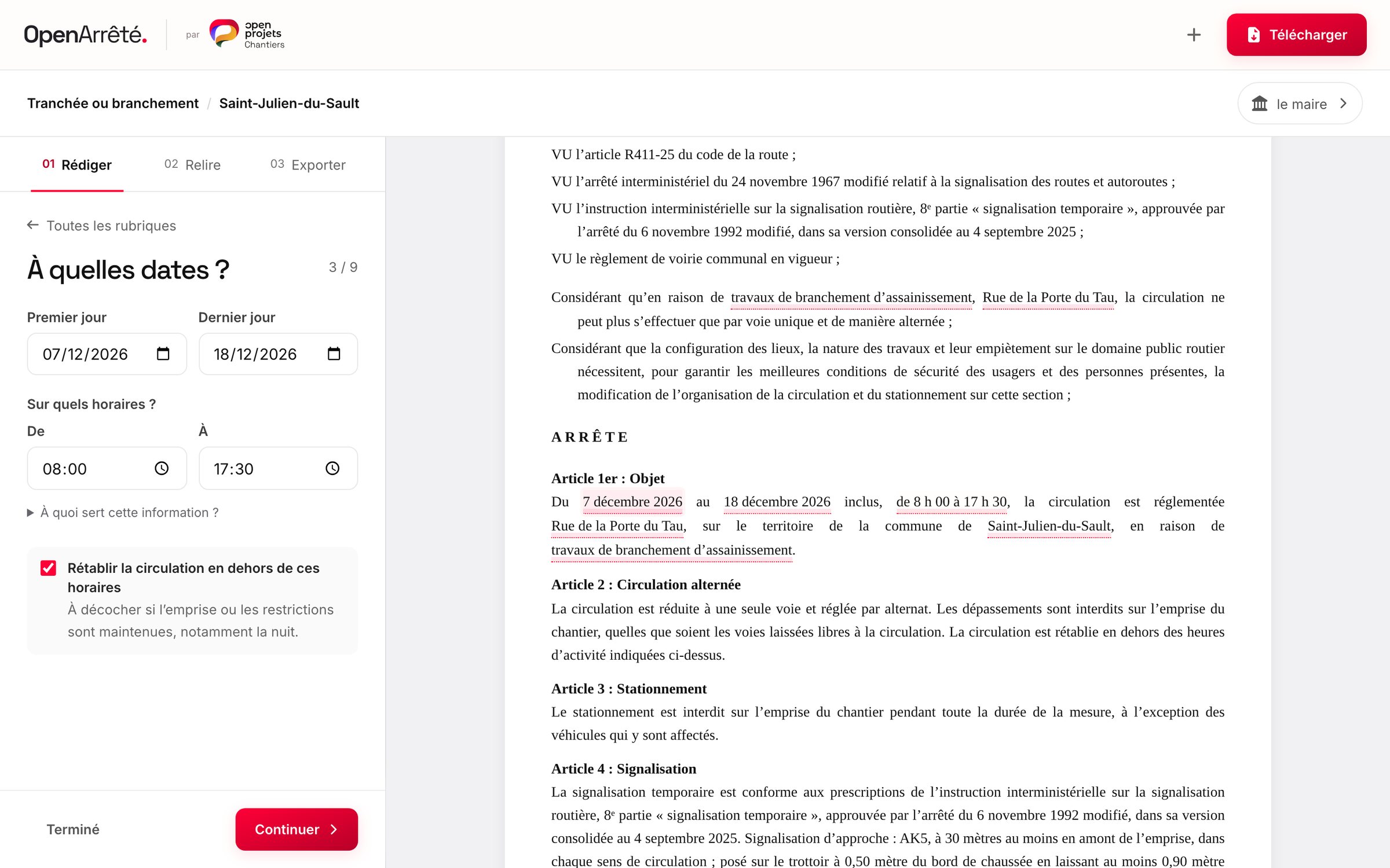 Le panneau des dates ouvert à côté de l’arrêté, réécrit avec ces dates.