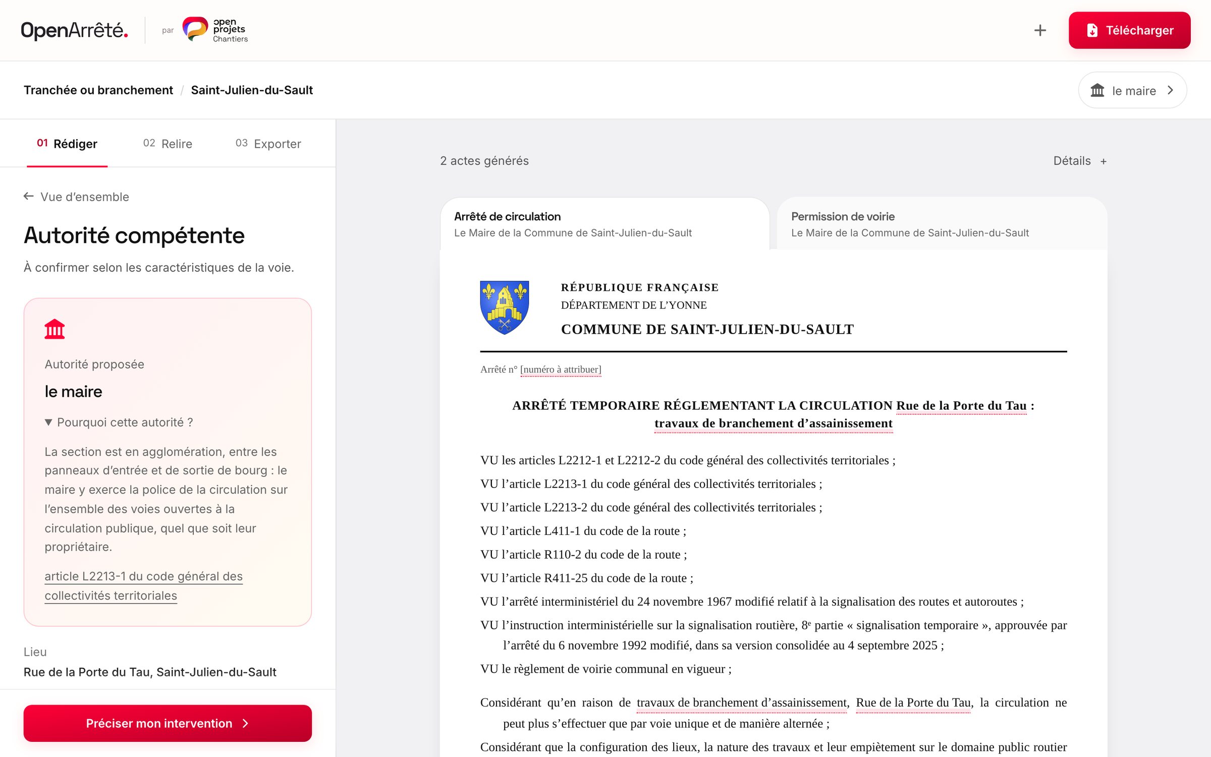 L’atelier d’OpenArrêté : à gauche, l’autorité compétente, le maire, avec l’article de loi qui le justifie ; à droite, l’arrêté de circulation rédigé, à l’en-tête de Saint-Julien-du-Sault et avec son blason, à côté d’un second onglet pour la permission de voirie.