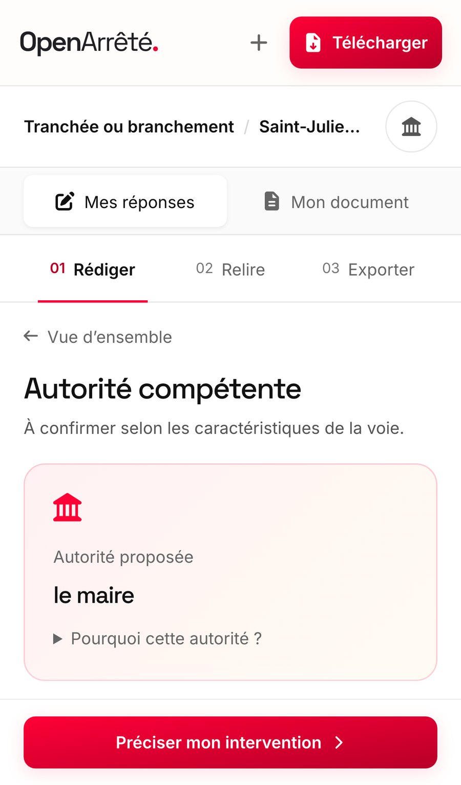 OpenArrêté sur un téléphone : l’autorité compétente proposée, le maire, pour une tranchée à Saint-Julien-du-Sault.