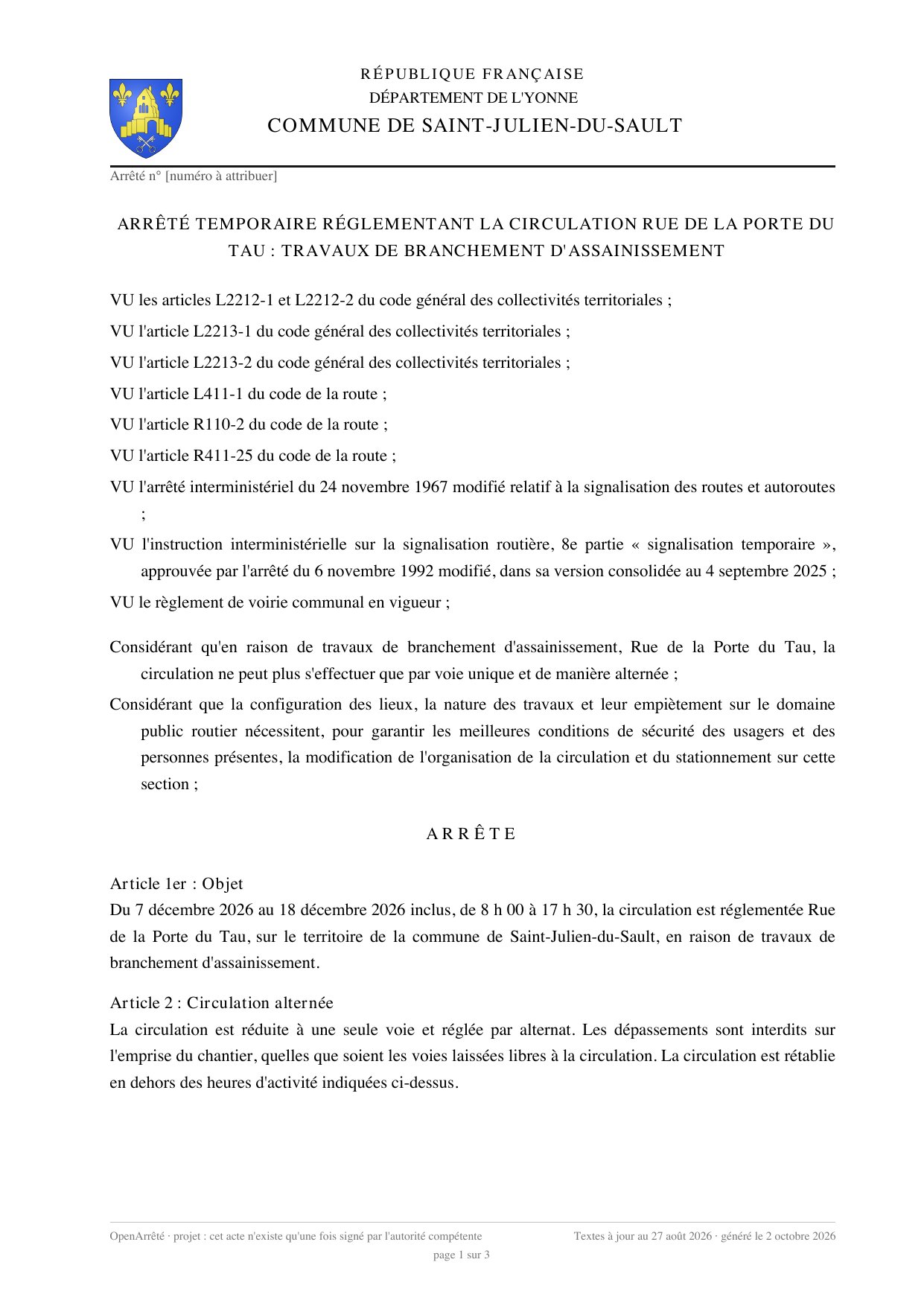 Première page de l’arrêté de circulation, à l’en-tête de Saint-Julien-du-Sault.