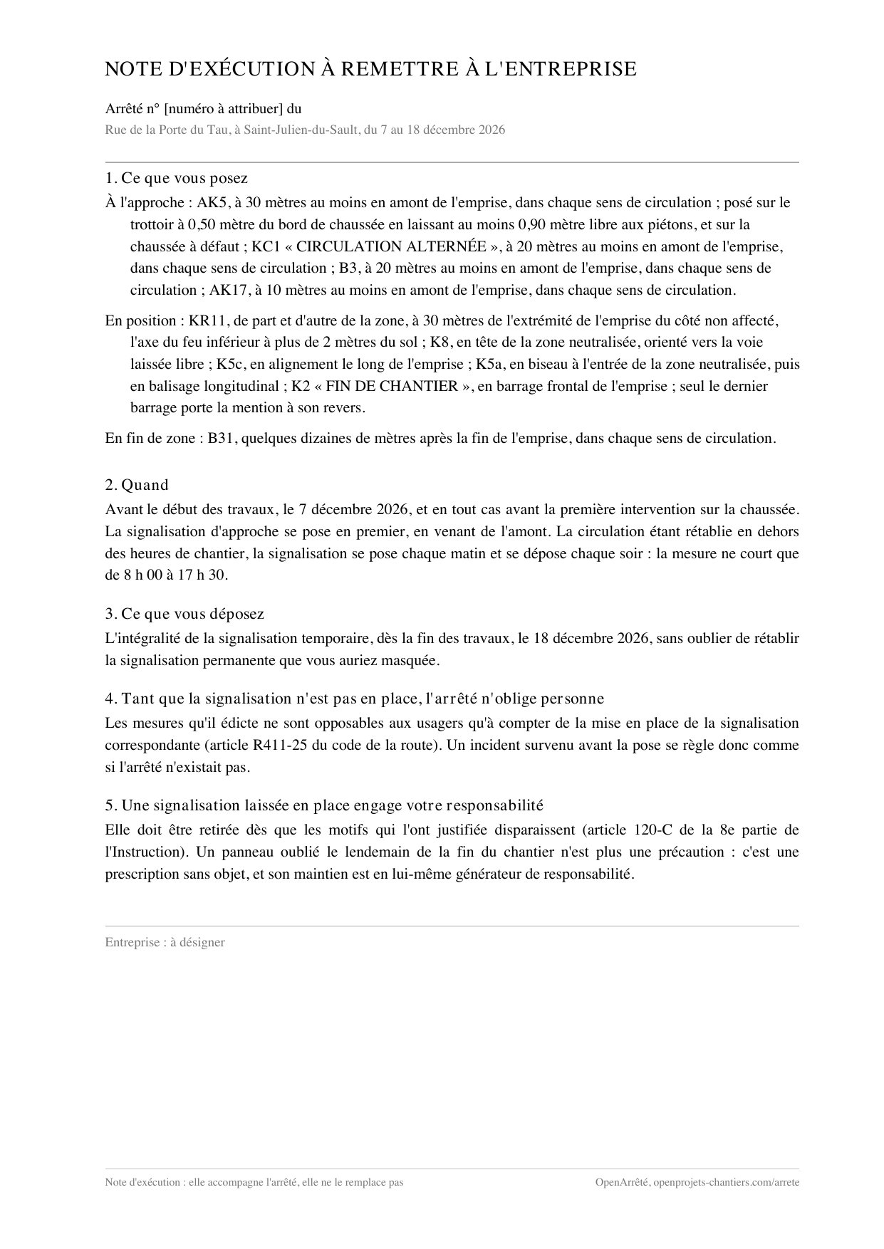 La note d’exécution à remettre à l’entreprise, panneau par panneau.
