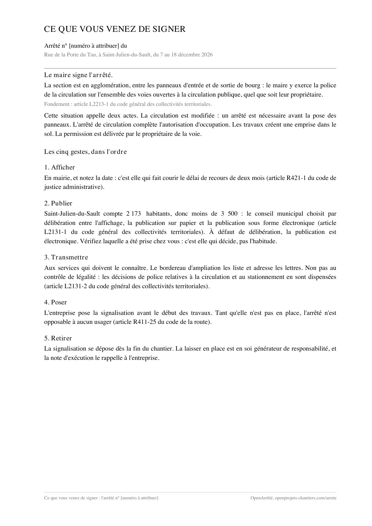 La note de suivi pour la mairie : afficher, publier, transmettre, poser, retirer.