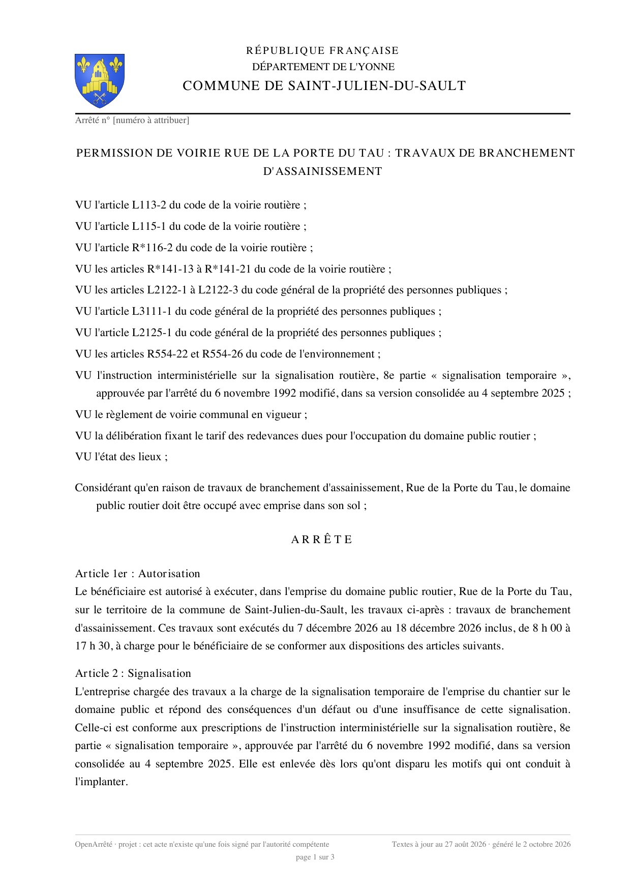Première page de la permission de voirie.